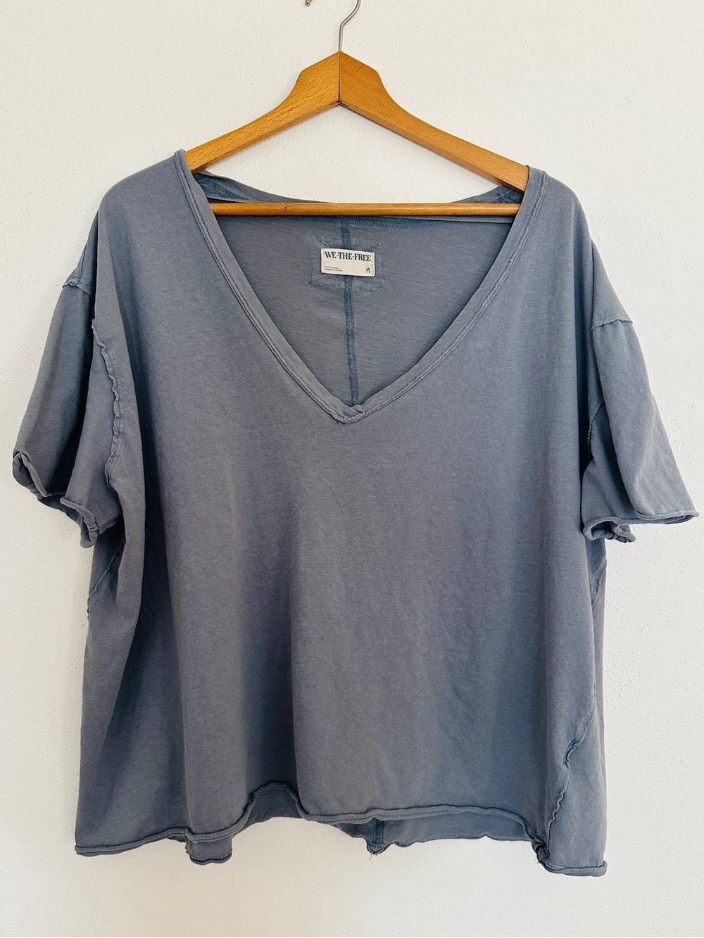 Free People We The Free Blue V-Neck Oversized Raw Hem T-Shirt M